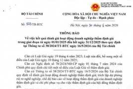 Thông báo 523/TB-BTC ngày 30/6/2026 về việc kết quả đánh giá hoạt động doanh nghiệp thẩm định giá trong giai đoạn từ 01/01/2025 đến hết 31/12/2025 theo quy định tại Thông tư số 38/2024/TT-BTC ngày 16/5/2024 c